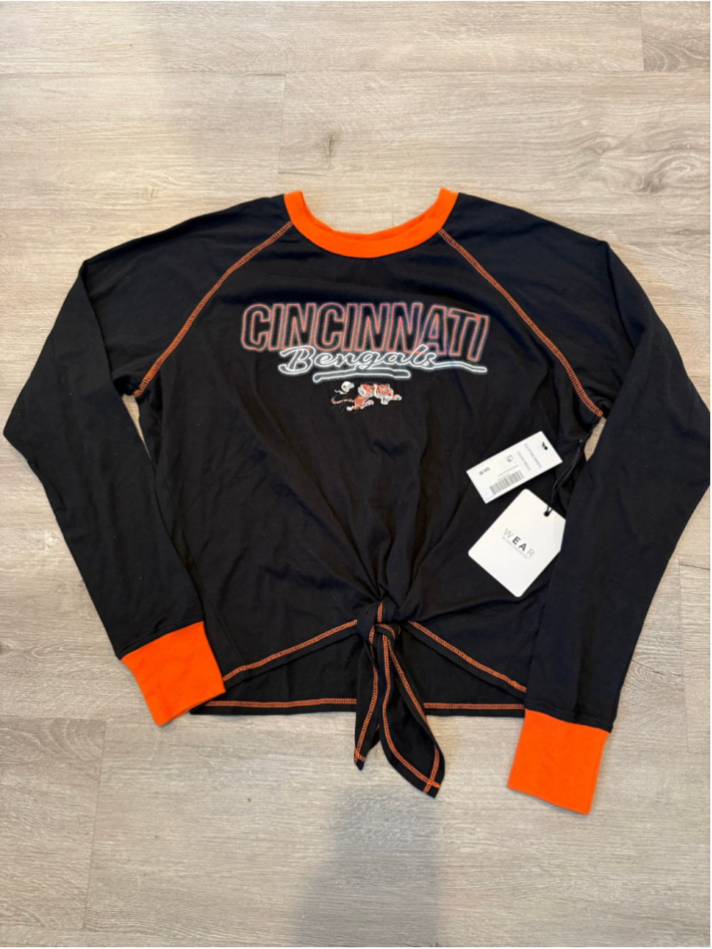 Women's WEAR by Erin Andrews Bengals Long Sleeve Tie Front Tee Black Orange S